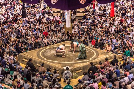 Tokyo - May 19, 2019: Sumo wrestling match in the Ryogoku arena, Tokyo, Japanのeditorial素材