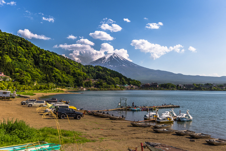 Kawaguchiko - May 24, 2019: Mount Fuji seem from lake Kawaguchi, Japanのeditorial素材