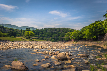 Shirakawa-go - May 27, 2019: The river by the village of Shirakawa-go, Japanのeditorial素材
