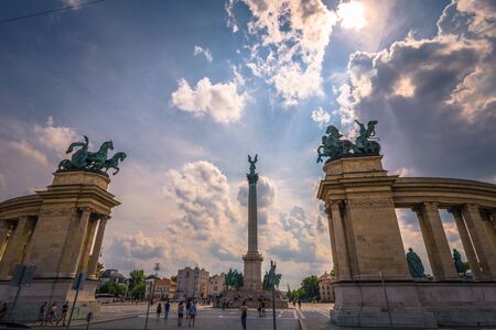 Budapest - June 22, 2019: Heroes square on a summer day in Budapest, Hungary