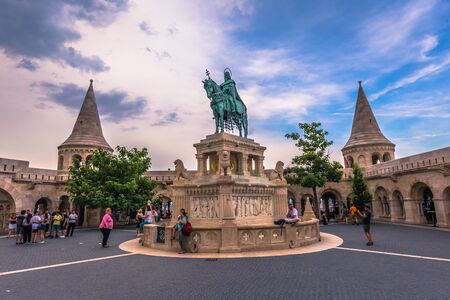 Budapest - June 22, 2019: Statue of Stephen I at the Fisherman's Bastion in the Buda side of Budapest, Hungaryのeditorial素材