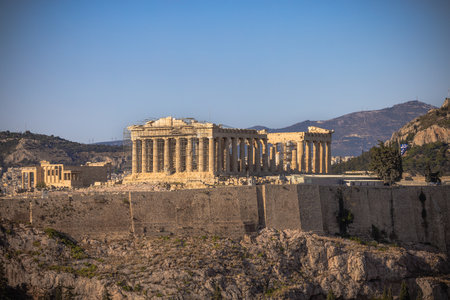 Panoramic view of the Acropolis of Athens from the Philopappos hill in Greeceの写真素材