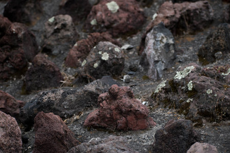 Detail of volcanic stones on rock wallの写真素材