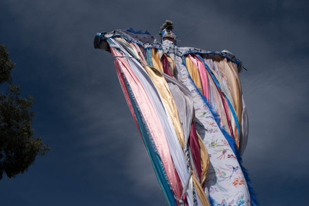 Colorful cross landscape with blue skyの写真素材