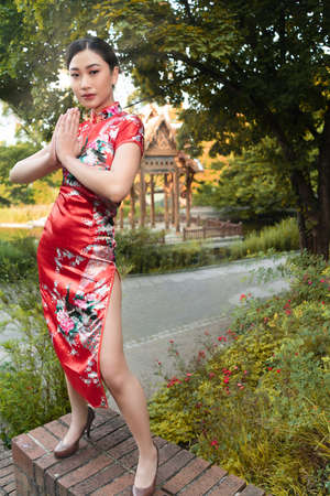 Asian beauty prays in front of a pagodaの写真素材