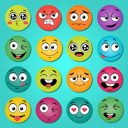 Vector cartoon facial expressions, happy surprised faces, mouth and doodle eyes in a circle multicolored for graphic designのイラスト素材