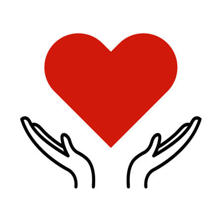 Heart in hand vector icon. Illustration of hand holding heart isolated on white background. Medicine icon. Symbol of kindness and charity. Vector web designのイラスト素材