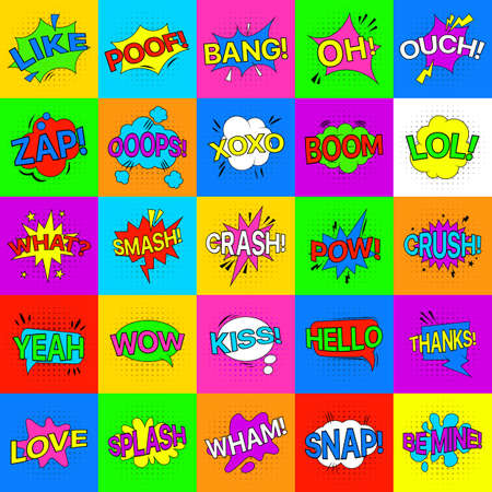 Modern cute colorful patch set on white background. Fashion patches of cherry, strawberry, watermelon, lips, rose flower, rainbow, hearts, comic bubbles etc. Vector illustrationのイラスト素材