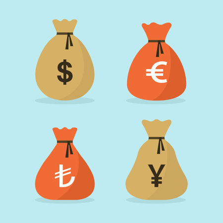 Vector illustration of a set of different types of bags filled with money from coins in different colors and bags of various sizes.のイラスト素材