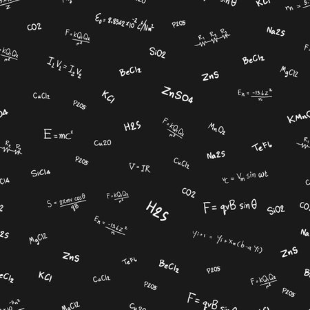 Seamless doodle pattern with formulas and graphs of trigonometric functions on a black backgroundのイラスト素材