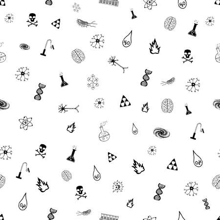 Seamless doodle pattern of science elements, background with atom, chemical molecule, graphics, test tubes, microscope on white background.のイラスト素材