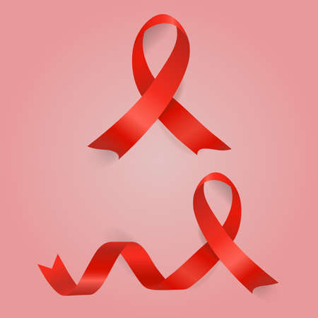 Vector shiny red ribbons on a bright red background with copy space.のイラスト素材