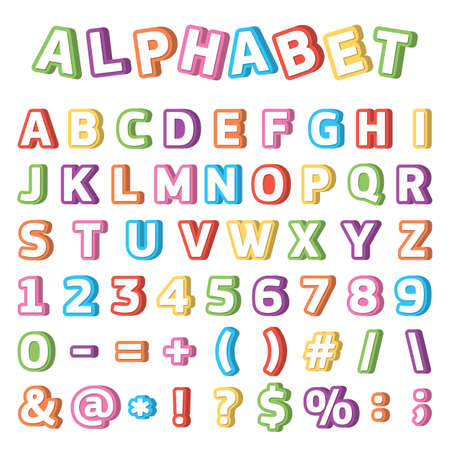 Vector multi-colored alphabet, letters, signs and numbers in 3D style, for children and schoolchildren, the study of letters.のイラスト素材