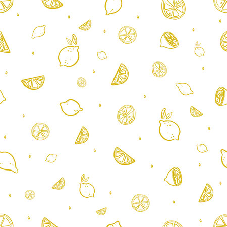 Seamless vector pattern of yellow, hand drawn lemons on white background, organic or natural product packaging design.のイラスト素材