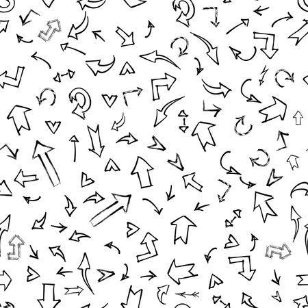 Seamless pattern arrows hand drawn wavy and curved pointers with swirls on a white background.のイラスト素材