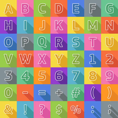 Vector alphabet with symbols and letters on bright colored backgrounds, in stroke style with long shadow.のイラスト素材