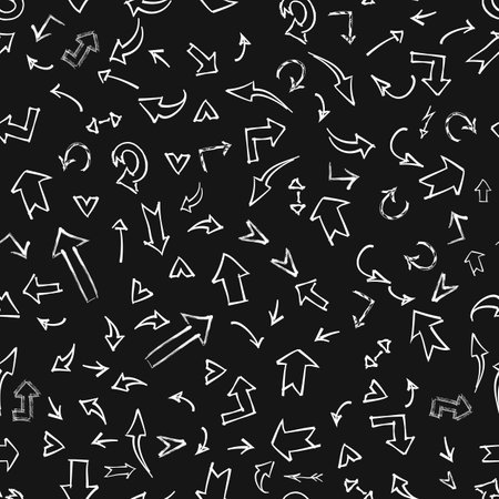 Seamless vector pattern on a black background in the style of doodle arrows.のイラスト素材