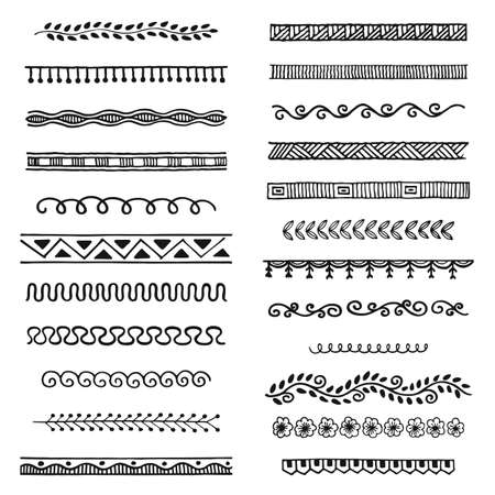 Hand drawn vector dividers, lines, borders and laurels set, doodle design elements.のイラスト素材