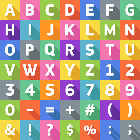 Vector flat alphabet with symbols and letters on bright colored backgrounds, fill style with long shadow.のイラスト素材