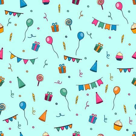 Vector birthday seamless pattern, repeating background of vibrant balloons, vivid birthday cone hats, cupcake with burning candles, cut out illustrations of birthday symbols for white wrapping paper.のイラスト素材