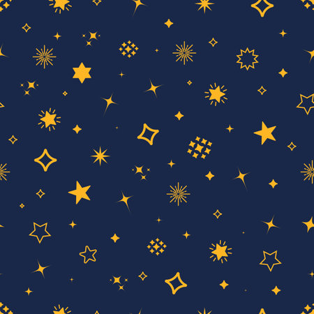 Seamless vector pattern on a blue background of the starry sky, stars in yellow color, flat design for web design and web.のイラスト素材
