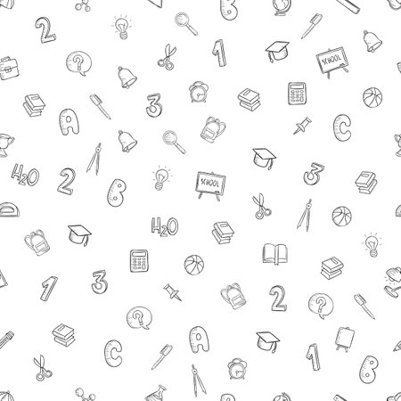 Seamless vector pattern on a white background school items in a flat style doodle numbers, alarm clock, pen, bell, magnifier, briefcase, calculator, for web design and typography.のイラスト素材