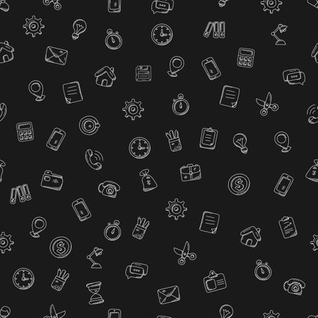 Seamless pattern in doodle style, white business icons on a black background which depicts an envelope, a gear, a light bulb. stopwatch, scissors, calculator, vector flat illustration.のイラスト素材