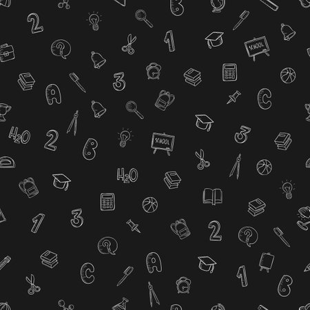 Seamless vector pattern on a black background school items in a flat style doodle numbers, alarm clock, pen, bell, magnifier, briefcase, calculator.のイラスト素材