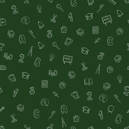 Seamless pattern on school green chalkboard in doodle style school icons numbers, light bulb, bell, alarm clock, briefcase, pen, allergy.のイラスト素材