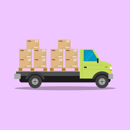Vector illustration truck with boxes, delivery of goods, flat style on a bright background, for advertising and design.のイラスト素材