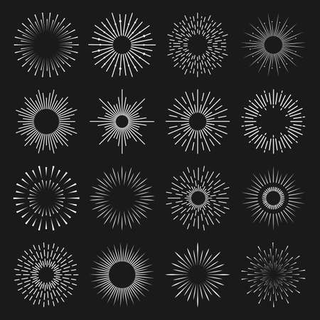 Vector set of round white rays on black background for web design and internet.のイラスト素材