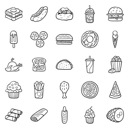 A large set of vector icons of fast food in a flat style outline, which depicts hot dog, sausage, pizza, burger, chicken grill, sandwich, potato fries, drinks, sausage, charm.のイラスト素材