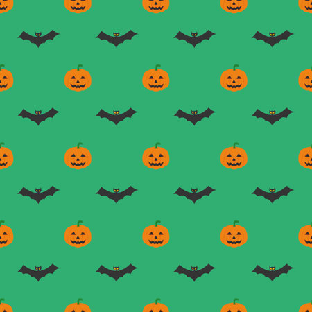 Halloween pattern, smiling and funny cartoon characters pumpkin on green background.のイラスト素材