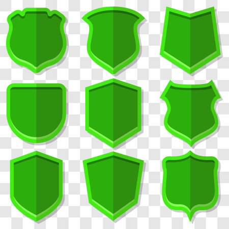 Set of green vector shields in 3D style with shadow.のイラスト素材