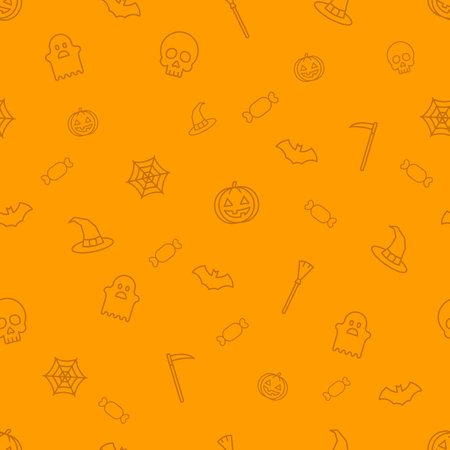 Halloween orange festive seamless pattern, endless background with pumpkins.のイラスト素材