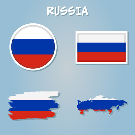 Map of Russian Federation with national flag isolated on blue background.のイラスト素材