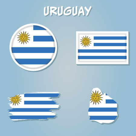 Map of Uruguay on a blue background, Flag of Uruguay on it.のイラスト素材