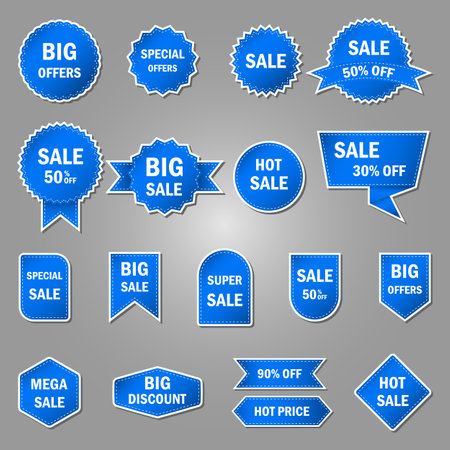 Blue blank price tags, labels or badges, ribbon banners.のイラスト素材