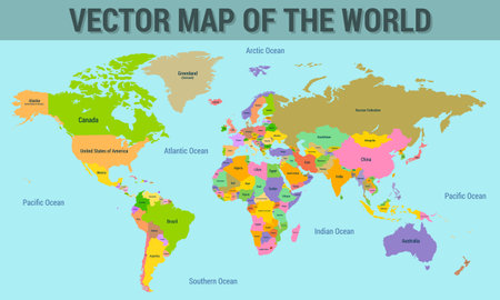 Vector map of the world with the names of the countries, with the borders of the countries.のイラスト素材