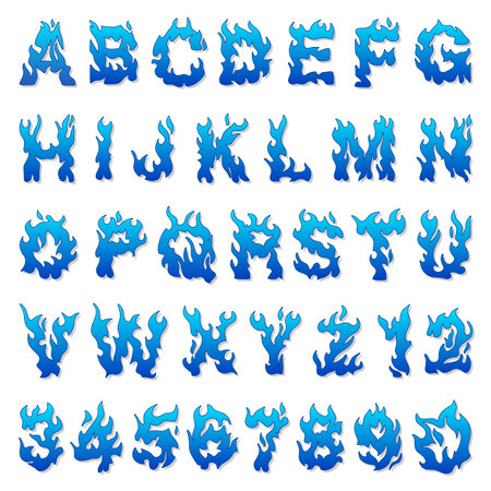 Vector cartoon icons set of blue flaming numbers.のイラスト素材
