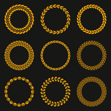 Golden vector laurel wreaths on black background.のイラスト素材