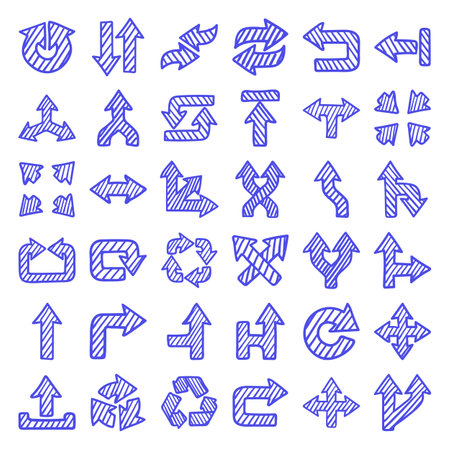 Set of various vector doodle sketch hatched hand drawing arrows.のイラスト素材