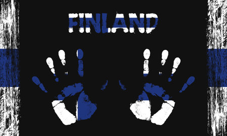 Vector flag of Finland in the form of peaceful palms with text and brush strokes on a black background.のイラスト素材