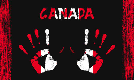 Vector flag of Canada in the form of peaceful palms with text and brush strokes on a black background.のイラスト素材