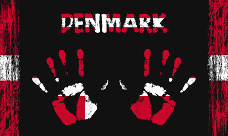 Vector flag of Denmark in the form of peaceful palms with text and brush strokes on a black background.のイラスト素材