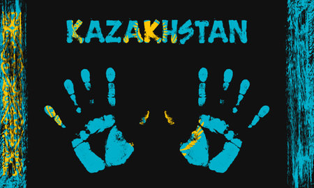 Vector flag of Kazakhstan in the form of peaceful palms with text and brush strokes on a black background.のイラスト素材