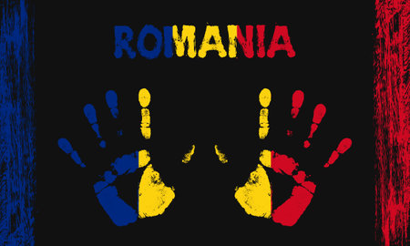 Vector flag of Romania in the form of peaceful palms with text and brush strokes on a black background.のイラスト素材