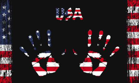 Vector flag of USA in the form of peaceful palms with text and brush strokes on a black background.のイラスト素材