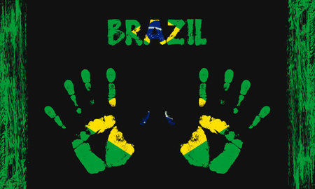 Vector flag of Brazil in the form of peaceful palms with text and brush strokes on a black background.のイラスト素材