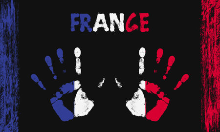 Vector flag of France in the form of peaceful palms with text and brush strokes on a black background.のイラスト素材